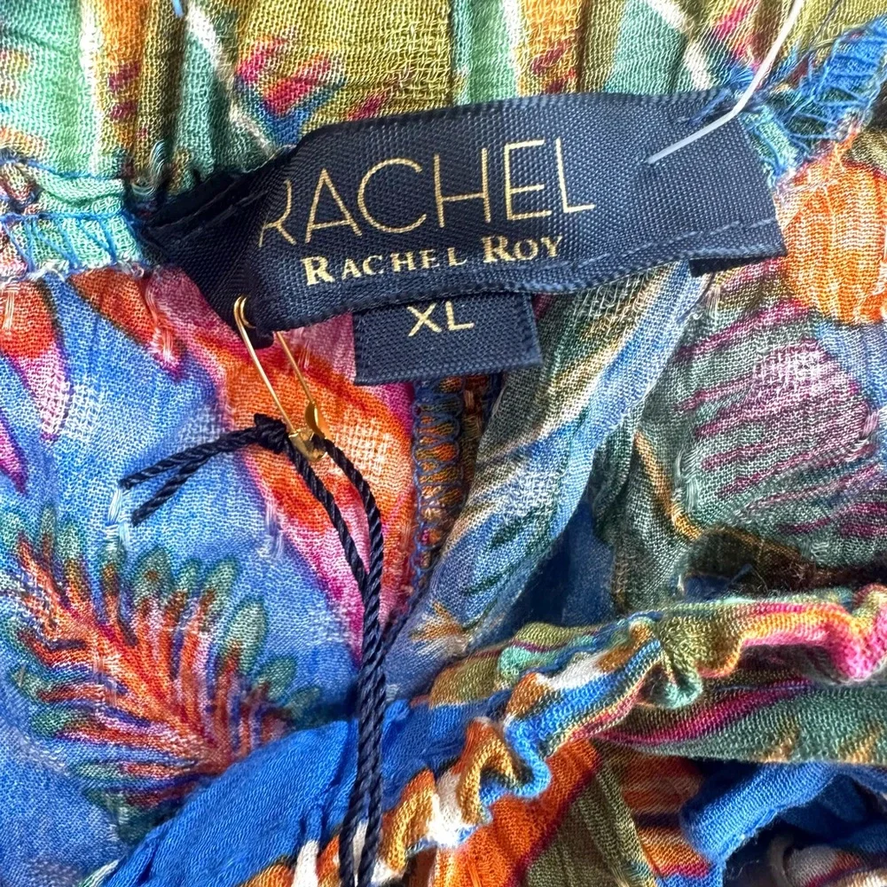 Rachel Roy Boho Pants Women Size XL Wide Leg Blue Tropical Pull On - Picture 4 of 11